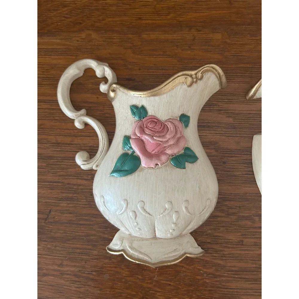 Home Interiors and Gifts Vintage Wall Plaques Pink Rose Pitchers Set 2